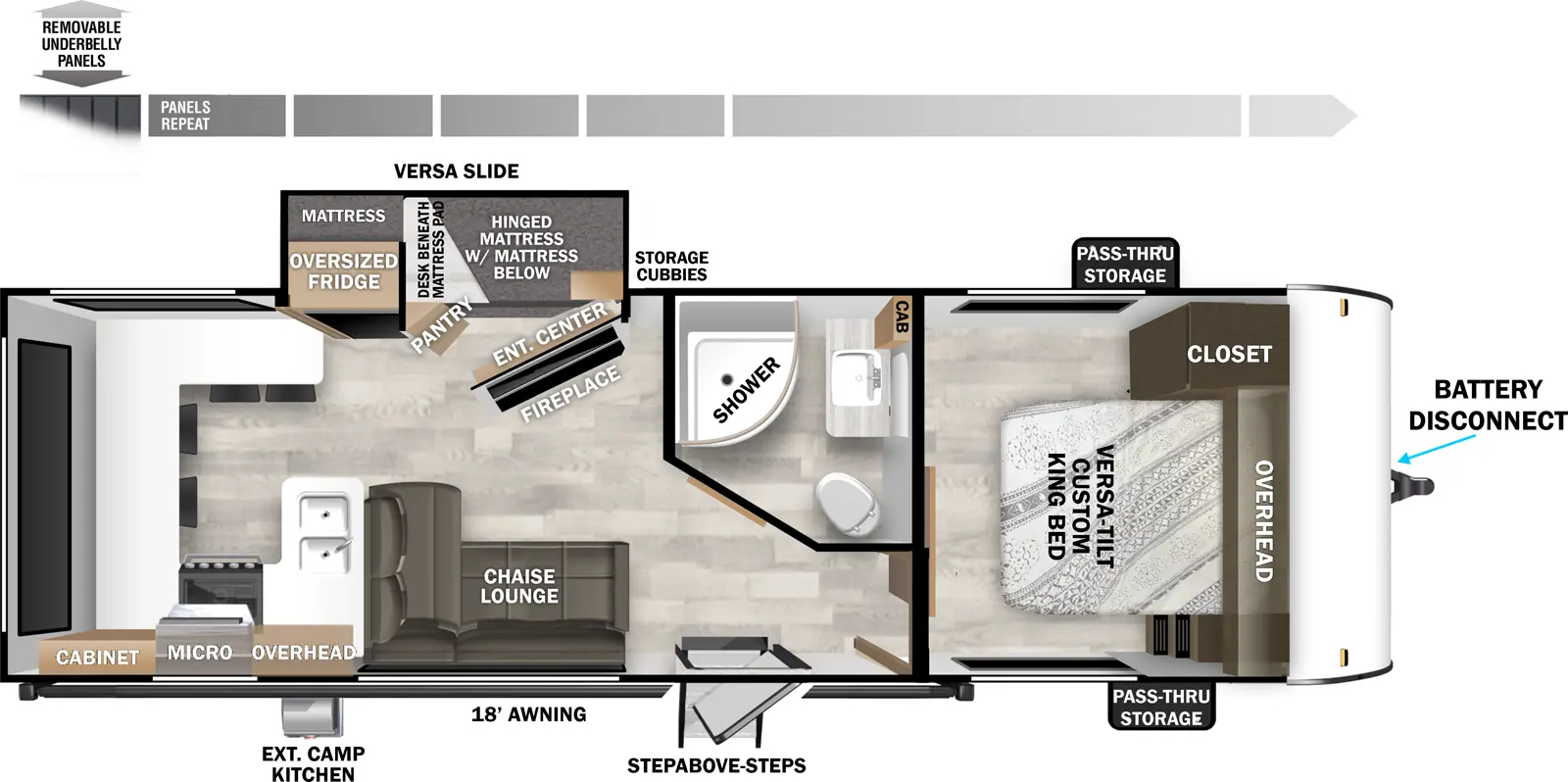 The Cruise Lite Southwest T24VIEWX floorplan has one entry and one slide out. Exterior features include: fiberglass exterior, 18' awning and outside kitchen. Interiors features include: bunk beds, rear kitchen and front bedroom.